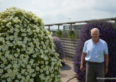 Jeroen Egberts, MNP, bij de bloemenpracht (links de Surfinia light-yellow, rechts de Scaevola deep blue) bij de ingang van de showtuin.